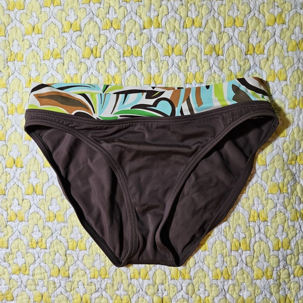 LEILANI Brown Bikini With Contrast Band Blue Green Retro Print Swim BOTTOM sz 6